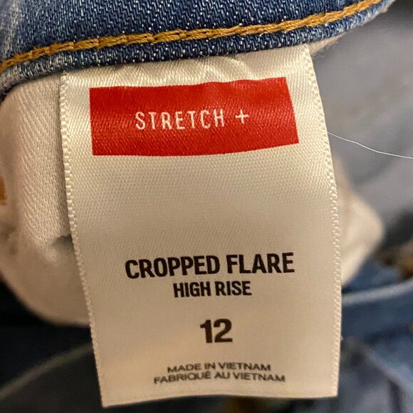 Express High Waisted Light Wash Raw Hem Cropped Flare Jeans - Picture 5 of 5